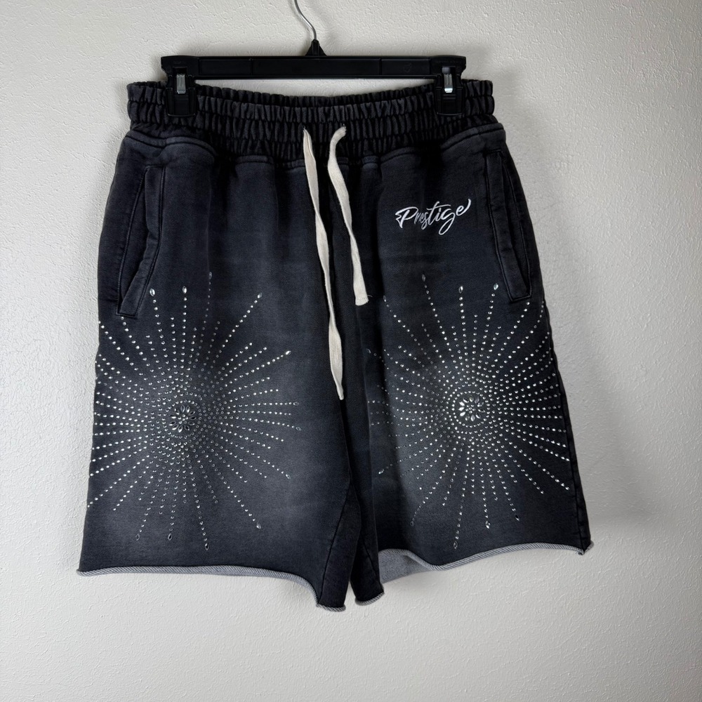 Prestige Mens Rhinestone Sunburst Shorts Faded Black Streetwear‎ Fleece Medium